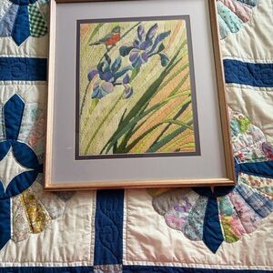 Framed Bird and Iris Embroidery Art
